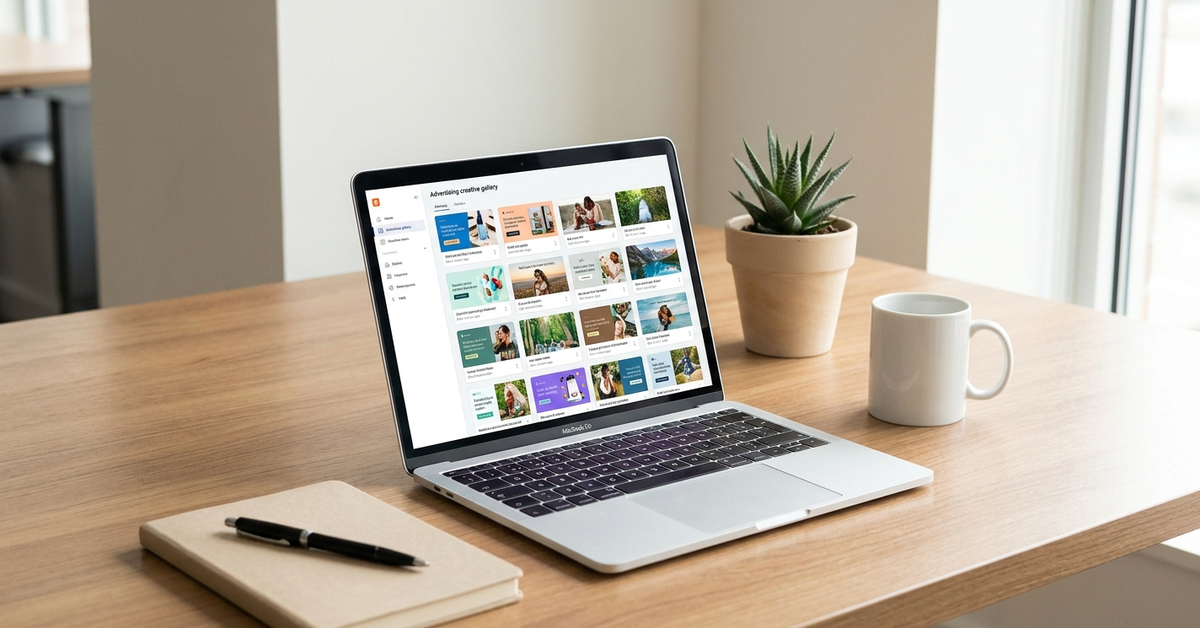 Pracoviště PPC specialisty - laptop s gridem reklamních kreativ a kampaňový dashboard